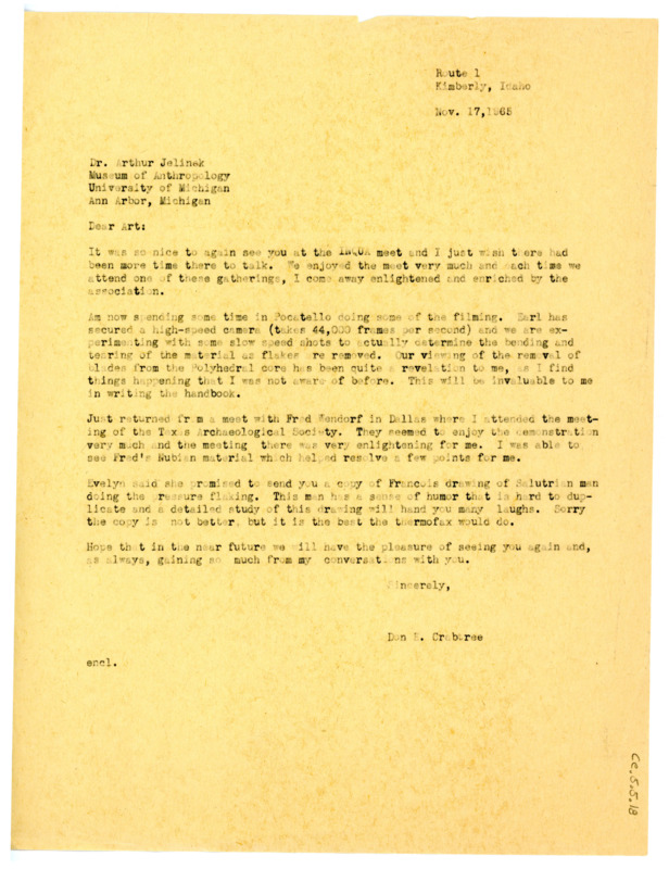 Letter from Don Crabtree to Arthur J. Jelinek regarding seeing him at the recent INQUA meet and recent filming in Pocatello.