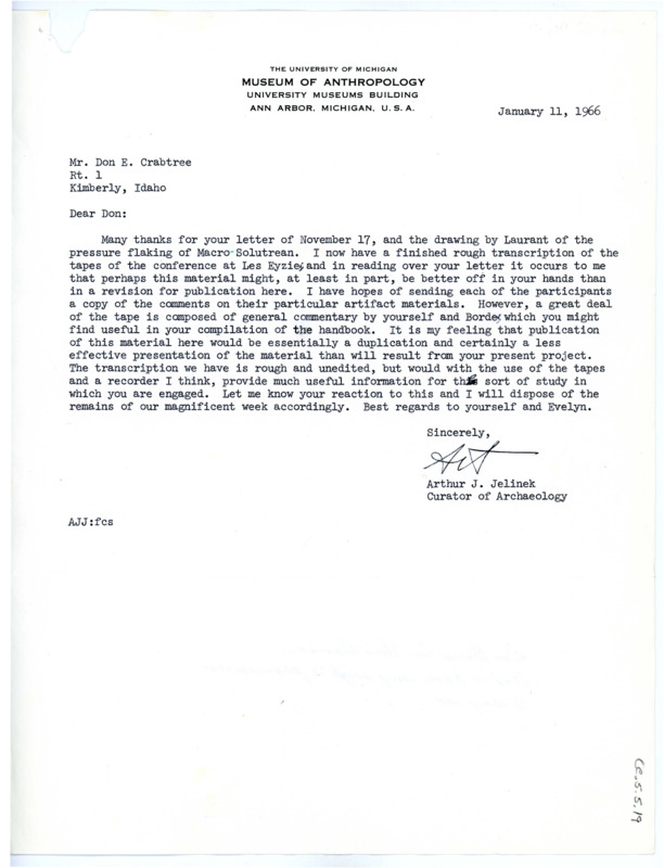 Letter from Arthur J. Jelinek to Don Crabtree thanking him for the drawing by Laurant of Solutrean pressure flaking and regarding his transcription of the conference at Les Eyzies.