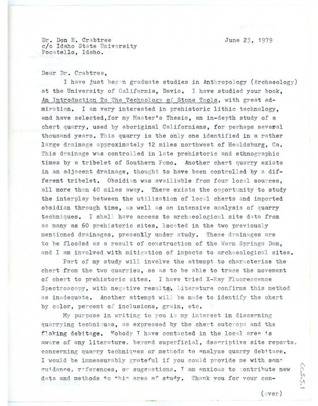 Letter from Rob Jackson to Don Crabtree regarding his studies in Archaeology and asking about quarrying techniques.