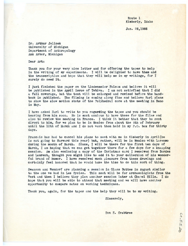 Letter from Don Crabtree to Jerome Jacobson regarding his offer to send some tapes to help with his current writing project and his progress thus far.