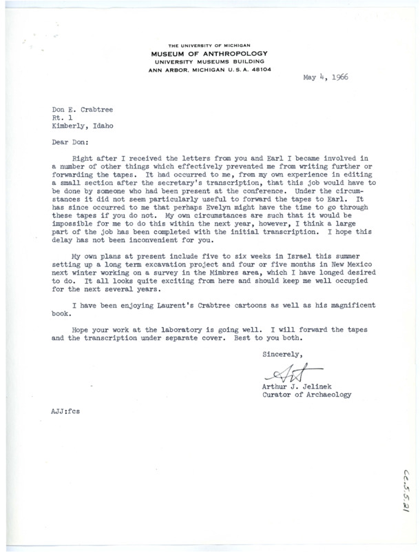 Letter from Arthur J. Jelinek to Don Crabtree regarding his plans for this field season.