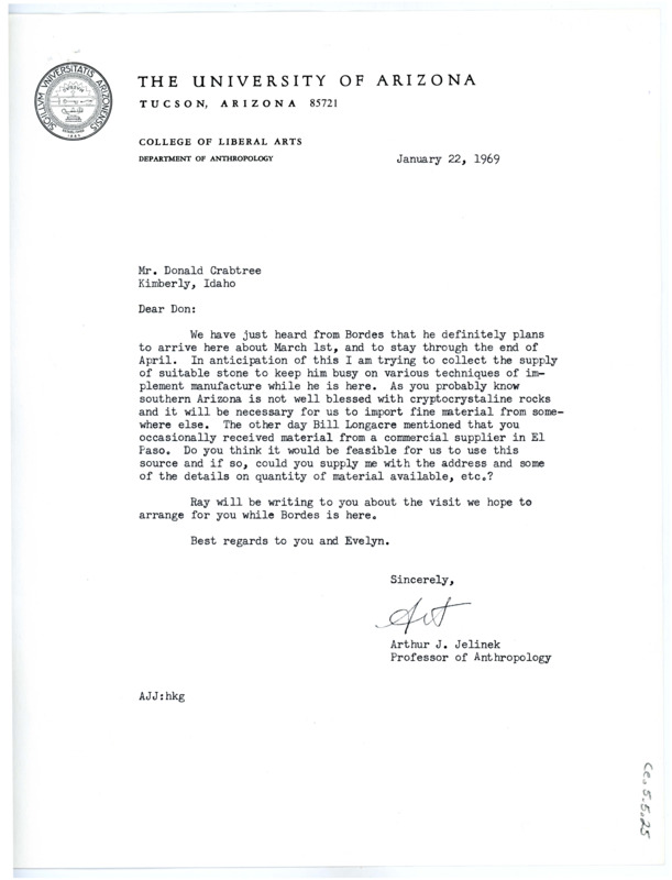 Letter from Arthur J. Jelinek to Don Crabtree regarding Francois Bordes' plans to visit and asking for help in collecting material for the visit.