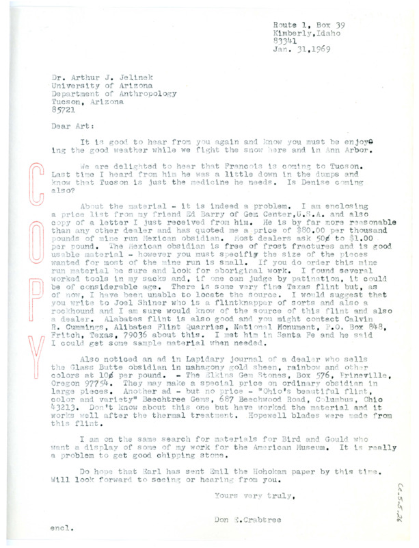 Letter from Don Crabtree to Arthur J. Jelinek regarding Francois Bordes' future visit and his advice regarding sourcing material.