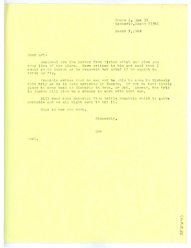 Letter from Don Crabtree to Arthur J. Jelinek regarding an enclosed letter from Jacques Tixier about his plans for travel.