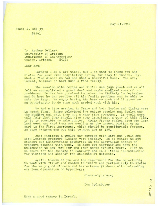 Letter from Don Crabtree to Arthur J. Jelinek thanking him and his wife for their hospitality while he visited and regarding details of the trip.