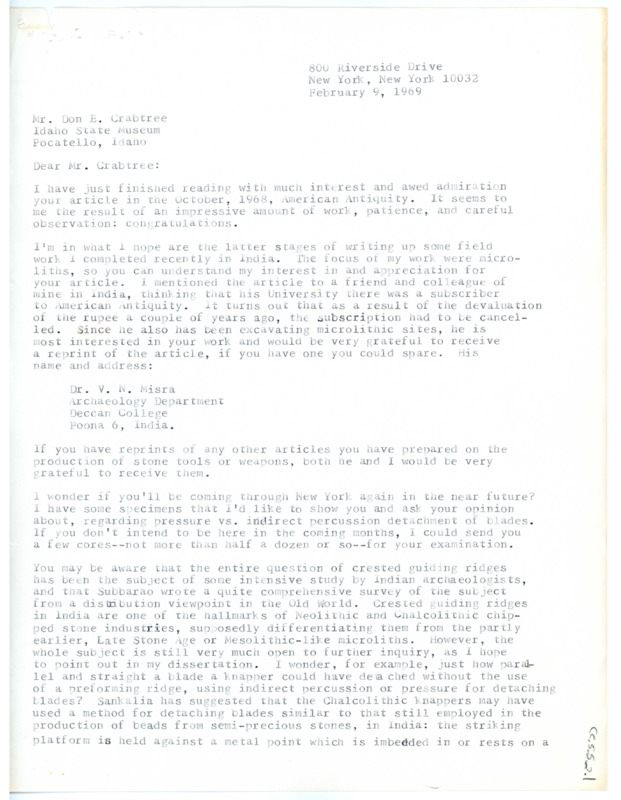 Letter from Jerome Jacobson to Don Crabtree congratulating him for his article in American Antiquity.