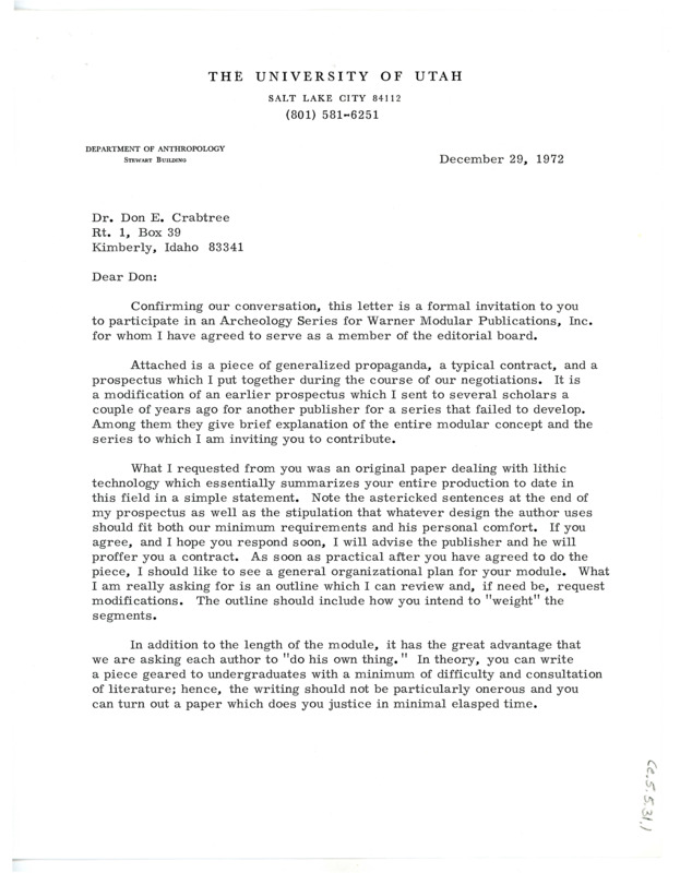 Letter from Jesse D. Jennings to Don Crabtree inviting him to participate in an Archaeology Series for Warner Modular Publications, Inc.