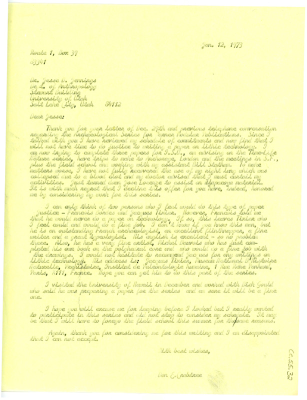 Letter from Jesse D. Jennings to Don Crabtree inviting him to participate in an Archaeology Series for Warner Modular Publications, Inc.