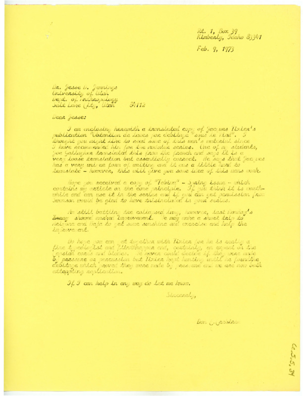 Letter from Don Crabtree to Jesse D. Jennings sending an article by Jacques Tixier on his behalf, as well as an issue of Tebiwa with Crabtree's work in it.