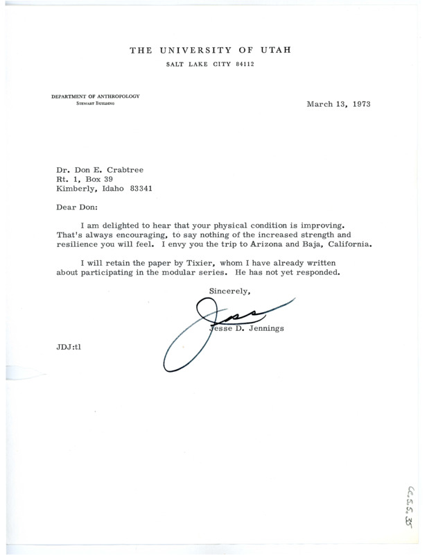 Letter from Jesse D. Jennings to Don Crabtree regarding Crabtree's improving health.