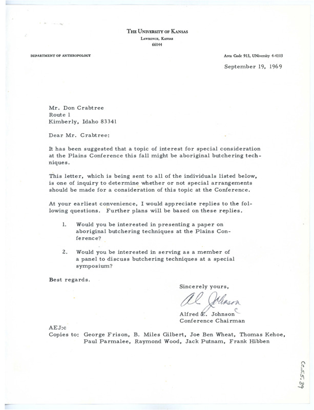 Letter from Alfred E. Johnson to Don Crabtree regarding topics for the Plains Conference.