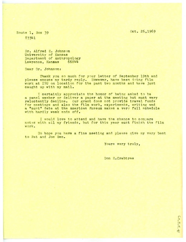 Letter from Don Crabtree to Alfred E. Johnson politely declining his invitation to the Plains Anthropological Conference.