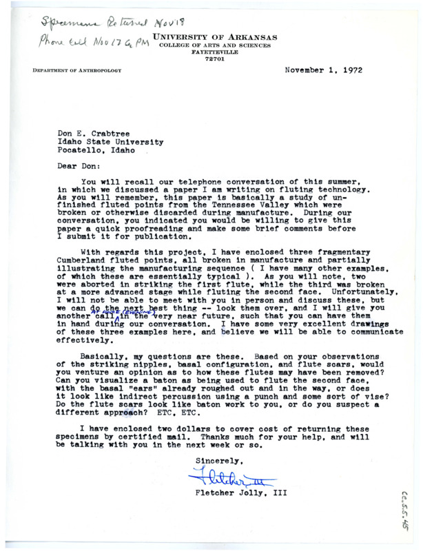 Letter from Fletcher Jolly III to Don Crabtree asking for his advice for a project on unfinished fluted points from Tennessee Valley.