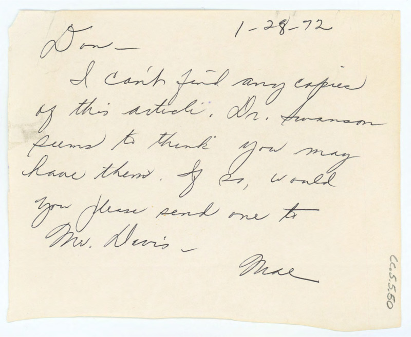 Handwritten note from Mae Jones to Don Crabtree asking if he has any copies of a certain article he might be able to send.