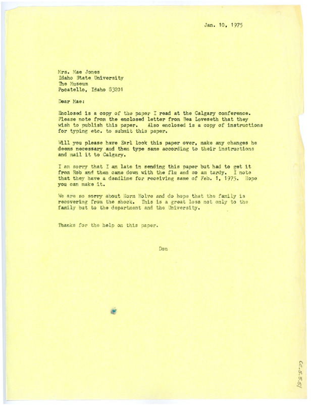 Letter from Don Crabtree to Mae Jones regarding a paper he read at the Calgary conference that she requested; he adds that, in an enclosed letter, Bea Loveseth would like to publish it.