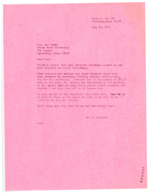 Letter from Don Crabtree to Mae Jones regarding a Long Distance Telephone report on lithic technology and xerox receipts.