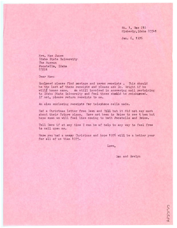 Letter from Don and Evelyn Crabtree to Mae Jones regarding xerox and telephone receipts and wishing her a Merry Christmas.