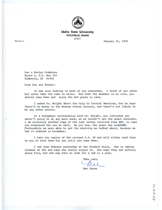 Letter from Mae Jones to Don and Evelyn Crabtree regarding their recent talk and few work obligations.