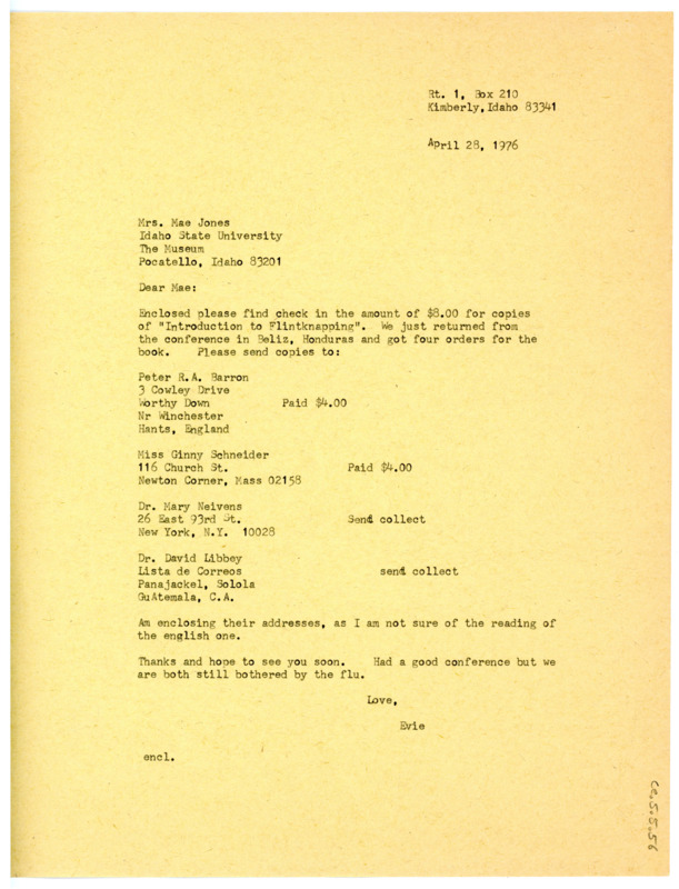 Letter from Don Crabtree to Mae Jones sending cash in return for four copies of Introduction to Flintknapping.