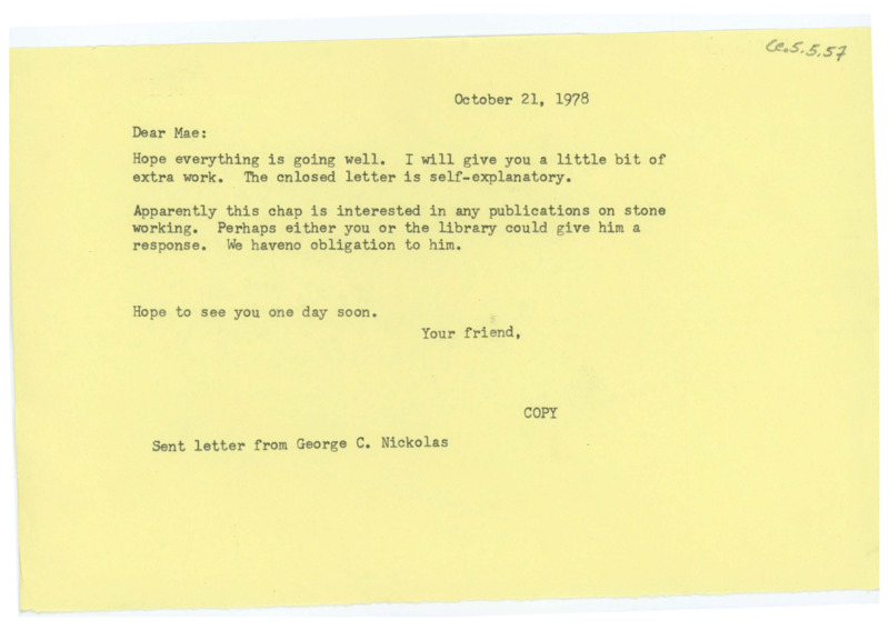 Letter from Don Crabtree to Mae Jones regarding a request for his publications.