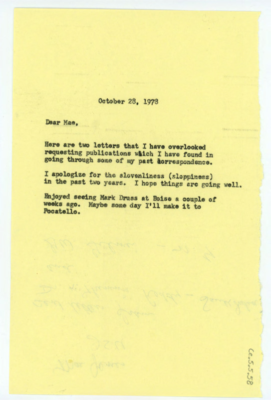 Letter from Don Crabtree to Mae Jones regarding a request for his publications.