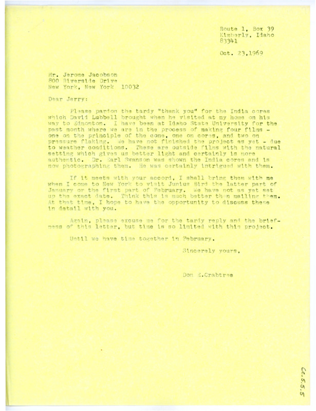 Letter from Don Crabtree to Jerome Jacobson thanking him for the shipment of cores from India.