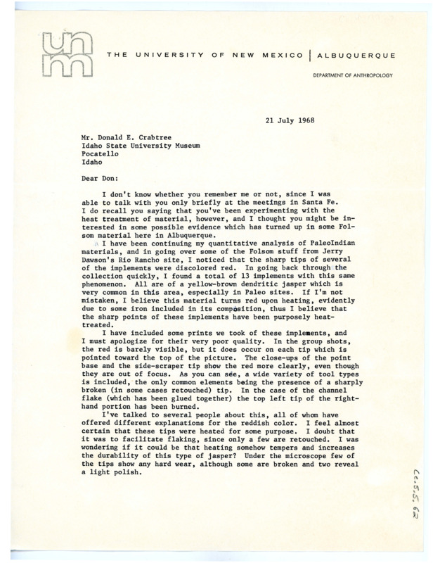 First page of a letter from Jim Judge to Don Crabtree asking for help analyzing Folsom material from Albuquerque with a strange reddish color.