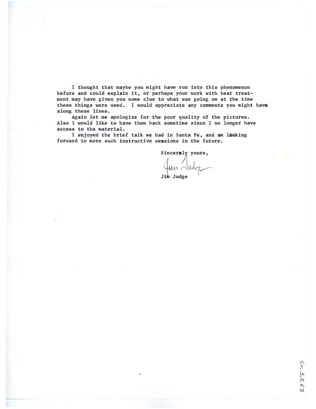 Second page of a letter from Jim Judge to Don Crabtree asking for help analyzing Folsom material from Albuquerque with a strange reddish color.