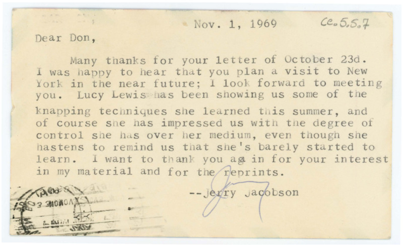 Letter from Jerome Jacobson to Don Crabtree thanking him for his advice and happy to hear of his travels and accomplishments.