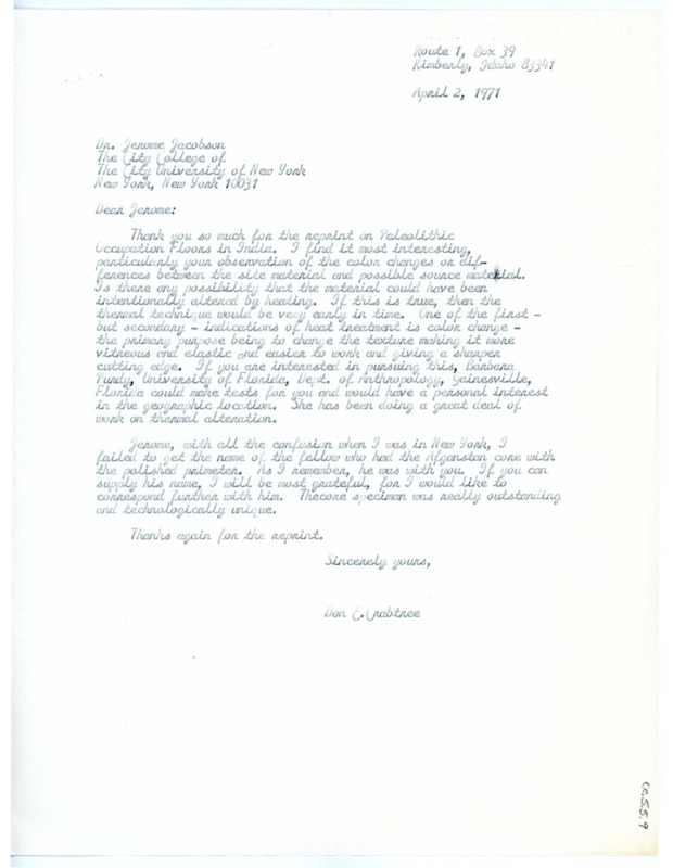 Letter from Don Crabtree to Jerome Jacobson thanking him for the reprint on Paleolithic Occupation Floors in India and regarding information presented in the article.