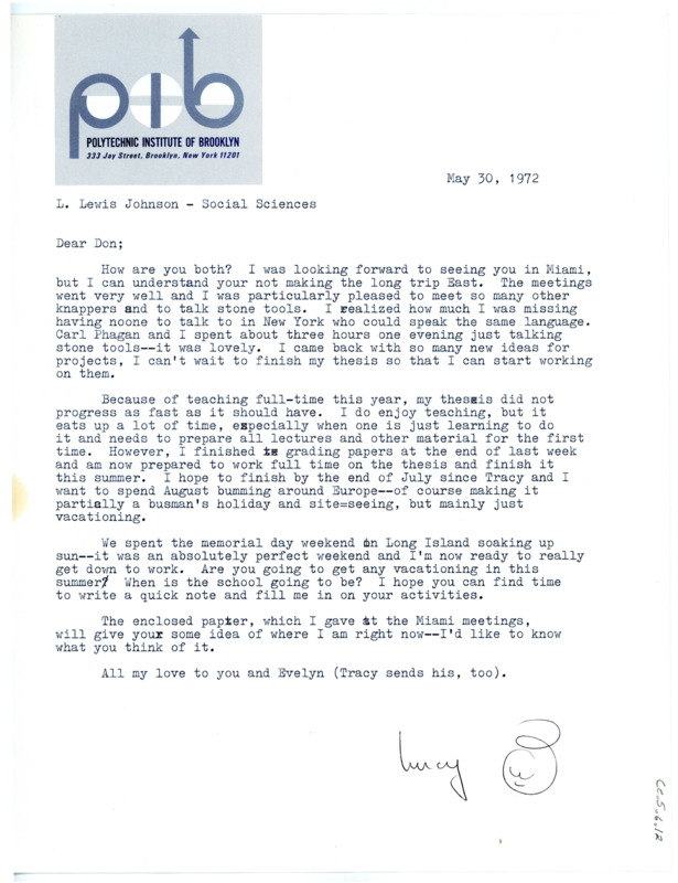 Letter from Lucille "Lucy" G. Lewis to Don Crabtree regarding recent happenings and progress on her thesis.