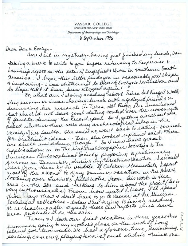 Handwritten letter from Lucille "Lucy" G. Lewis to Don and Evelyn Crabtree regarding a possible grant project in Tierra del Fuego.