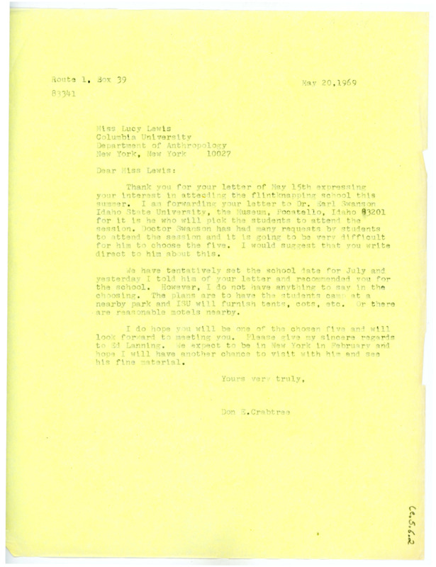 Letter from Don Crabtree to Lucille "Lucy" G. Lewis regarding her interest in his field school.