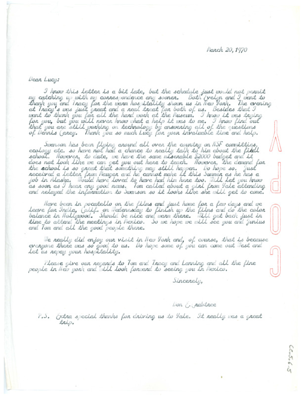 Letter from Don Crabtree to Lucille "Lucy" G. Lewis thanking her for her and Tracy Johnson's hospitality in New York during their visit.