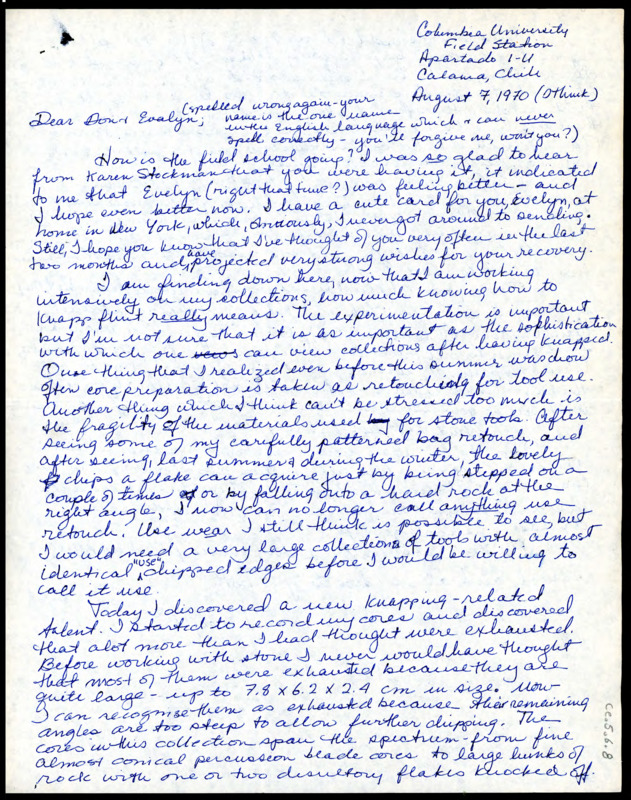 Letter from  Lucille "Lucy" G. Lewis to Donald "Don" E. Crabtree discussing recent findings on her excavation in Chile.