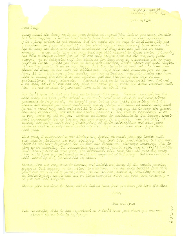 Letter from Donald "Don" E. Crabtree to Lucille "Lucy" G. Lewis regarding personal health concerns and congratulating her on her recent work.