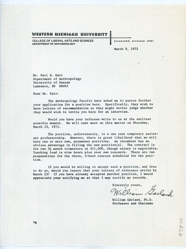 Typewritten letter from William Garland to Paul Katz requesting some letters of recommendation from him for the professorship position he had applied for.