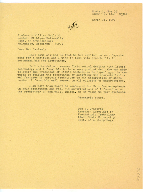 Typewritten letter of recommendation from Donald Crabtree for Paul Katz. He wrote it to recommend Katz to the professorship position at Western Michigan University.