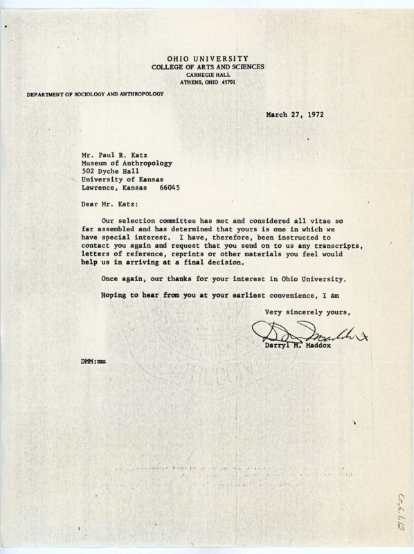 Typewritten letter from Darryl Maddox to Paul Katz saying that they liked his application and wanted more information from him before offering him a position at Ohio University.