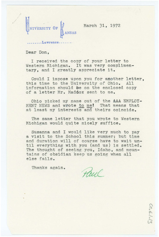 Typewritten letter from Paul Katz requesting another letter of recommendation from Crabtree for a position at University of Ohio, who reached out to him.