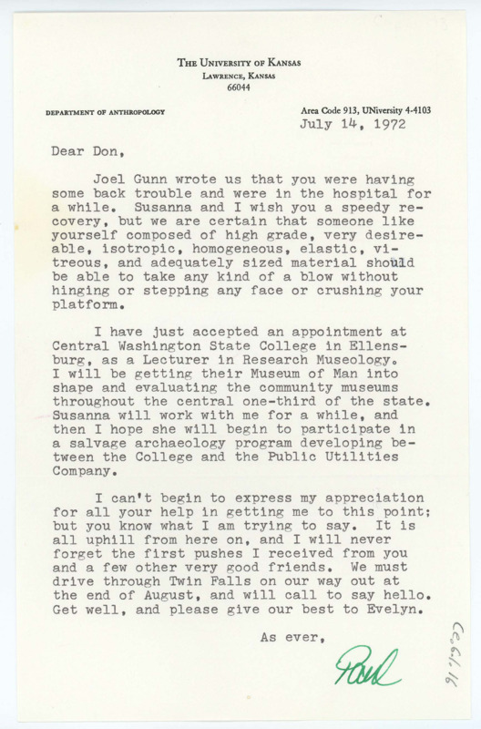 Typewritten letter from Paul Katz where he wished Crabtree better health after hearing from someone else that he was in the hospital. He also updated him on his new job position and told him they would visit soon.