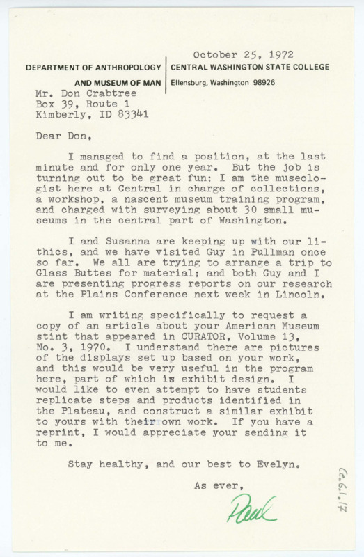 Typewritten letter from Paul Katz where he detailed his new job position and asked Crabtree for a copy of an article to be part of an exhibit.