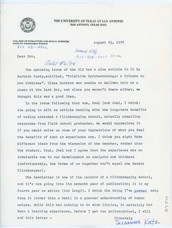 Typewritten letter from Susanna Katz asking Crabtree for his opinion on the long term benefits of field school from the perspective of a teacher. They were planning a paper and wanted the opinions from both students and teachers.