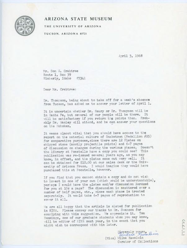 Typewritten letter from Wilma Kaemlein to Donald Crabtree where she answered some questions he had for Dr. Thompson, and photocopied some information he needed about the points he was inquiring about.