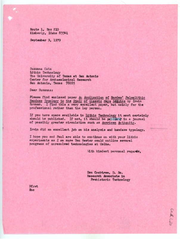 Typewritten letter from Donald Crabtree to Susanna Katz where he sent her a copy of Irwin Rovner's paper and suggested it be published.