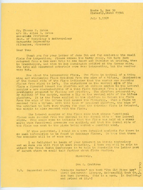 Typewritten letter from Donald Crabtree to Thomas Kehoe where he gave him information regarding the flake that Kehoe had sent him.