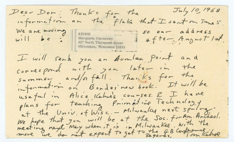 Handwritten letter from Thomas Kehoe to Donald Crabtree thanking him for the information he gave him on the flake and the article recommendation. He also mentioned that he hoped to see Crabtree at the upcoming conference in Milwaukee.