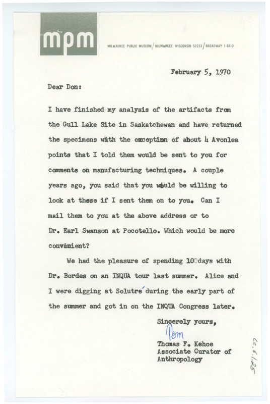 Typewritten letter from Thomas Kehoe asking Crabtree if he could send him some Avonlea points for analysis.