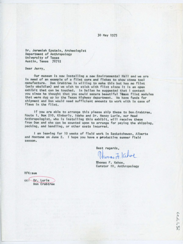 Typewritten letter from Thomas Kehoe to Jeremiah Epstein requesting a flint shipment from him to Donald Crabtree for an exhibit.