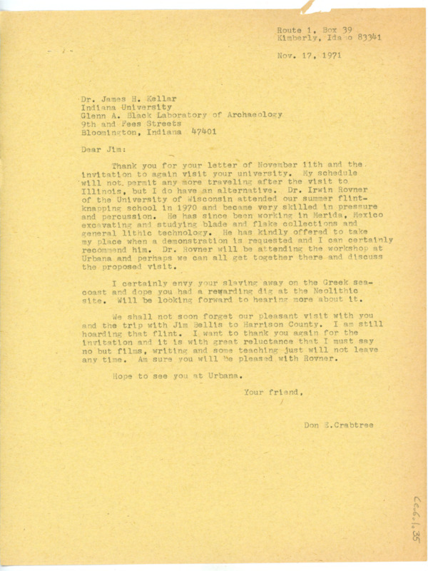 Typewritten letter from Donald Crabtree to James Kellar where he declined his offer to come work but instead suggested Irwin Rovner.